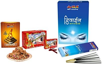 SLM POOJA SAMAGRI WITH COMBO OFFER OF 3 DIFFERENT ITEMS(400gm SLM Havan Samagri,SLM LAL CHUNRI DHOOP ( 19cm x 12cm x 7cm), Content 12 Pcs X10St,Total 120 Sticks. & SLM DIVINE incense sticks set of 12 Pcs)