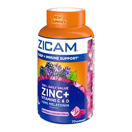 ZICAM SLEEP + IMMUNE SUPPORT. ZINC, GUMMY SUPPLEMENT, BLACKBERRY LAVENDER FLAVOR, VITAMIN C AND VITAMIN D, 3MG MELATONIN PER SERVING, 70 COUNT