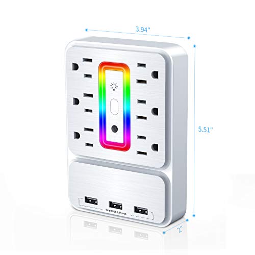 USB Wall Outlet Adapter 1700 Joules Surge Protector with 6-Outlet Extender,3 Fast USB Charging Ports(3.2A Total) & Smart Night Light,Multi-Function Power Strip for Home Kitchen Bathroom
