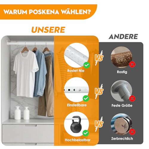 Clothes Rail for Wardrobe, White, Oval, 25 mm, Extendable Wall with 2 Brackets, for Wardrobe, Window, 43-101 cm