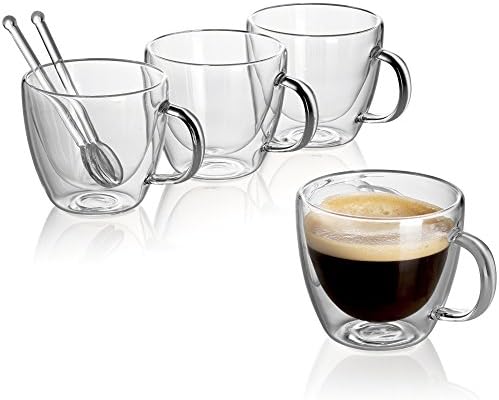 Jecobi(R) Cafecito Extra-Strong Double Wall Insulated glasses Espresso Mugs Set of 4, 5.2 OZ | 150ML plus 2 Mini Coffee Spoon (glass)