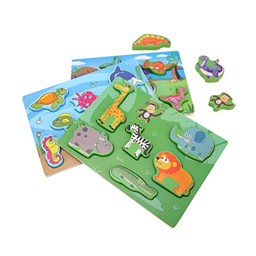 KIDS TOYLAND Wooden Animal Puzzles for Toddlers, Educational Toys with Lovely Farm and Ocean Animals, Dinosaur Puzzles, Toddler Puzzles Set for 1 2 3 Year Old Boys and Girls Birthday