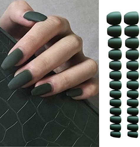 Evazen 24Pcs Different Color Coffin Nails Matte Finishi Coffin Ballerina Pre-Design Full Cover Medium Ballerina False Nails Art Tips for Women (Green)