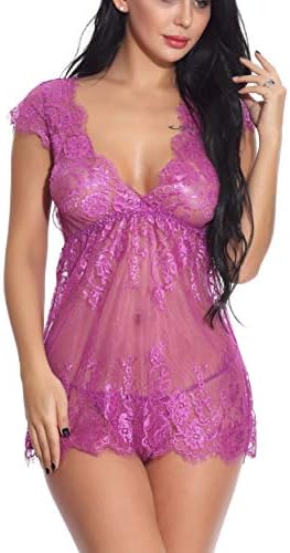 SelfieGo Women Sexy Lingerie Eyelash Lace Chemise Babydoll Nightwear Bodysuit Deep V Neck Set Sleepwear Nightgown