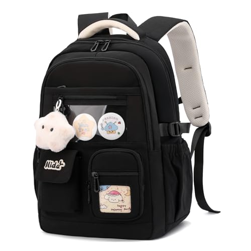 Tanou Girls Backpack, Large Capacity School Bag Teenager Waterproof Polyester School Bags Fashion with Star Pendant for Primary School and College, Black
