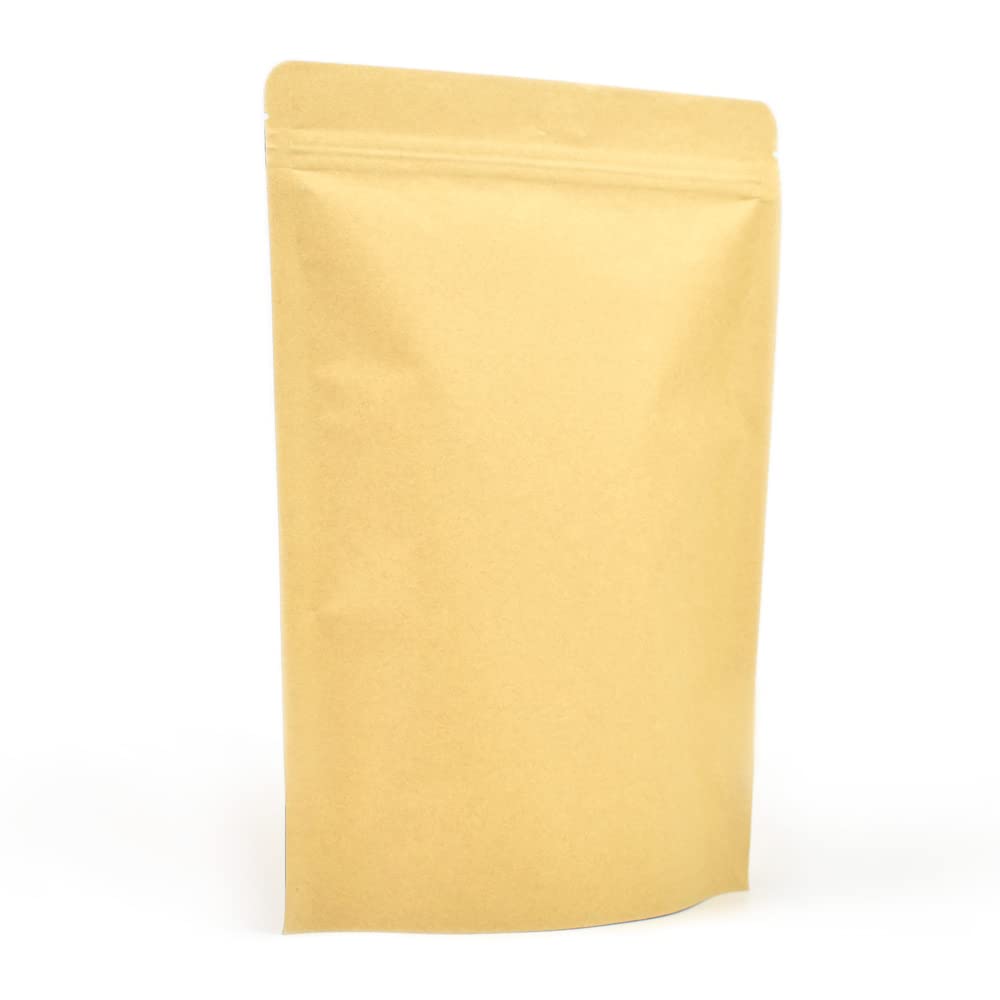 100 Kraft Paper Stand-Up Reusable Food Pouches (180 x 300 x 50mm) | Foil-Lined, Heat-Sealable | Resealable Ziplock Bags Tear Notch | Brown Paper Packaging for Coffee Beans, Nuts & Snacks Etc