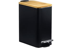 Small Trash Can with Bamboo Lid Soft Close, 5L Pedal Bin, Rectangular Garbage Can with Inner Bucket for Bathroom, Bedroom, Po