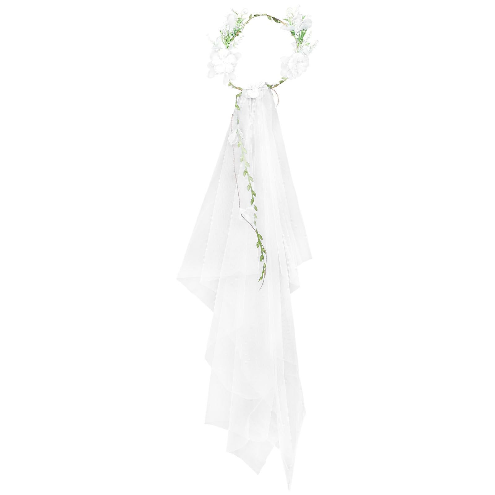 Lurrose Flower Veil Headband Bride to Be Veil Rattan Garland Flower Crown for Wedding Bride Cosplay Party Photography Festival White