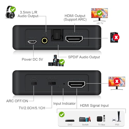 Hdmi Audio Extractor 4K 60Hz Hdmi 2.0B Splitter With Arc Optical Toslink Spdif And 3.5Mm Stereo Audio Out Support Hdcp 2.2 Pcm Dts 5.1 For Tv Soundbar Amplifier Ps5 Xbox Projector (Black)