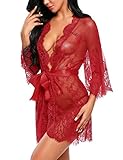 Avidlove Women's Lace Kimono Robe Babydoll Lingerie Mesh Nightgown Dark Red M