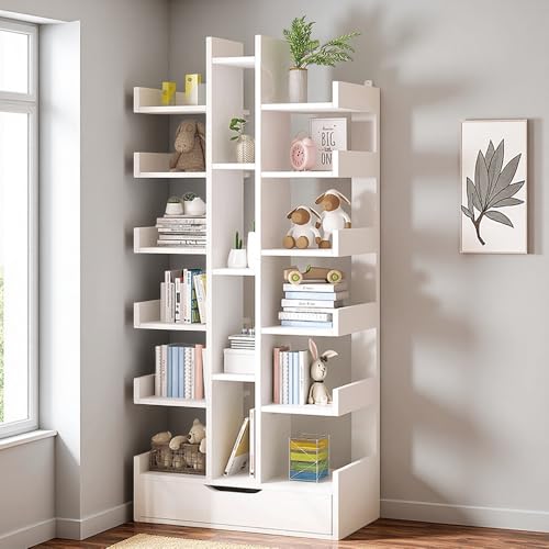 Floor Standing Tree-Shaped Bookcase for Small Space, Free Standing Open Book Shelves 18 Tier Display Storage Shelves Bookshelves, Sundries Organizer for Bedroom, Living Room,Kitchen, Office.