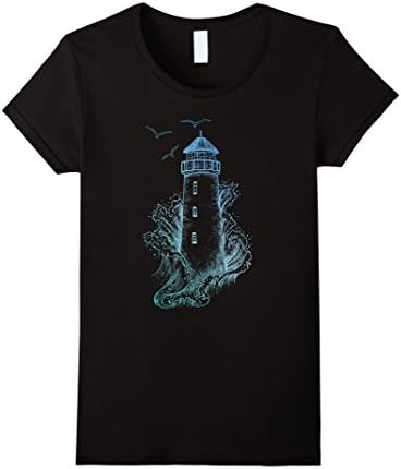 Womens Lighthouse TShirt - Pharos Wave and Seagull Tee XL Black