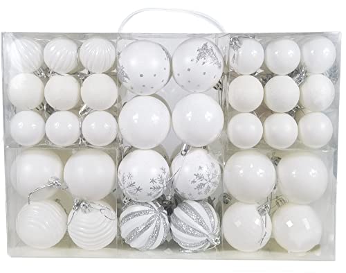 AOGU 86 Pcs Christmas Balls White Christmas Tree Ball Ornaments Set Shatterproof Decorations for Trees Home Party Holiday Garlands Wreaths Decor Hanging Ball Ornaments Hooks Included