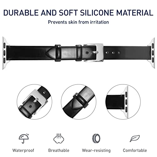 GONWEN Slim & Thin Leather Bands Compatible with Apple Watch Band 38mm 40mm 42mm 44mm, Top Grain Genuine Leather Band Replacement Wristband Strap for iWatch SE Series 6/5/4/3/2/1 (Bright Black/Silver, 38mm-40mm)