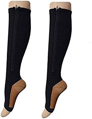 2 Pairs Open Toe Knee Length Copper Infused Zipper Compression Socks By Gofriendly 15-20 mmHg Support 3 Size (2XL, 2 Black)