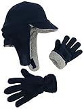 N'Ice Caps Big Boys Youth Sherpa Lined Fleece Flap Headwear and Gloves Snow Set (8-12 Years, Navy)