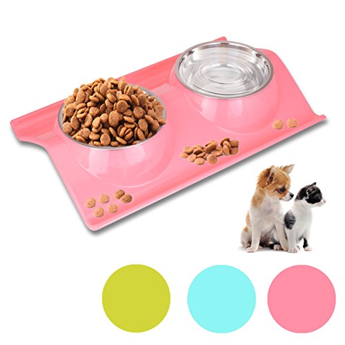 Double Dog Cat Puppy Bowls Stainless Steel Pet Bowls Pet Food Water Feeder with Non Spill Skid Resistant Base for Small Dogs and Cats (pink)