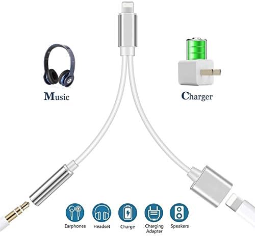 Headphone Adapter to 3.5mm Dongle Headphone Connector Adapter AUX Audio Jack Stereo Car Charger for iPhone 7/X/XS/XR/8/8Plus 2 in 1 Cable Charging and Music Compatible Support for IOS11/12-silver