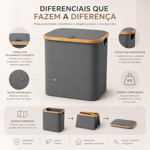 Cesto de Roupa Suja Dobrável com Tampa, Organizador para Lavanderia, Banheiro e Quarto