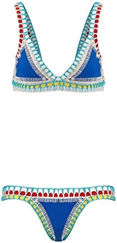 CALYFER Women's Sexy Handmade Crochet Bikini Swimsuit Swimwear Bathing Suit Blue Large