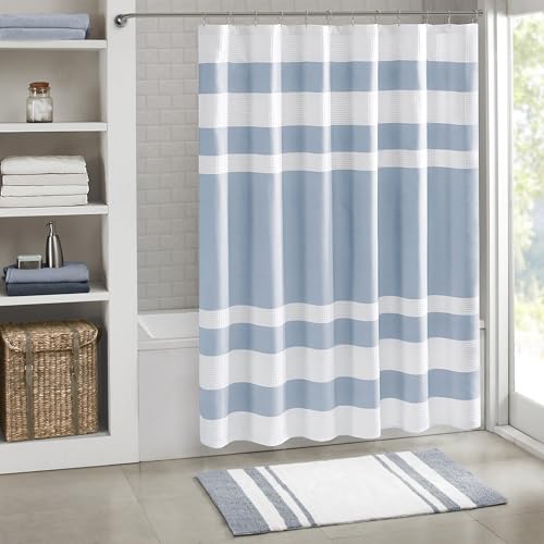 Madison Park Shower Curtain, Waffle Weave, Pieced Design Fabric Shower Curtain with 3M Scotchgard Moisture Management, Premium Spa Quality Modern Shower Curtains for Bathroom, Standard 72x72 Blue