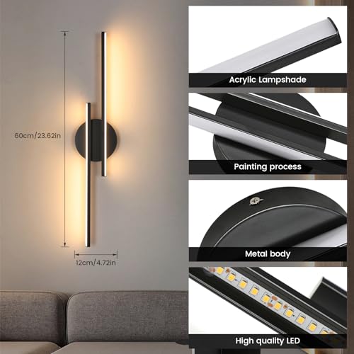 Riserva Indoor Wall Light, 24 W Modern Lamp, Long LED Black Wall Lamp, Wall Lamp for Bedroom, Stairs, Hallway, Living Room, 3000 K Warm White