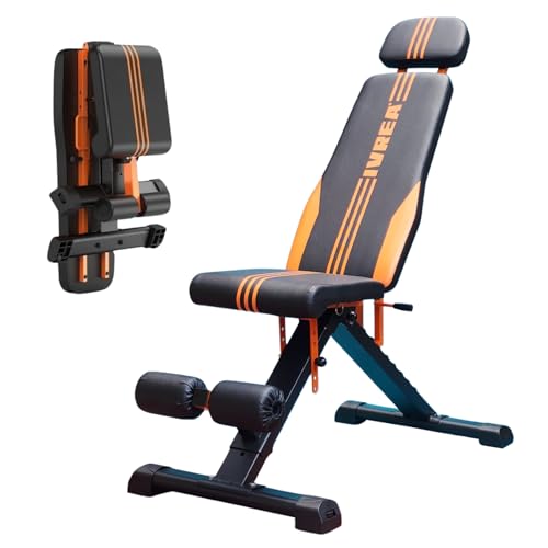 IVREA Banco de Pesas Ajustable y Plegable de Alta Resistencia – Banco Multifuncional Ajustable con Base Extra Ancha, Capacidad de 400 kg - Negro/Naranja