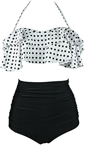 CINDYSMILE Women's Flounce Falbala High Waisted Bikini Set Polka Dot Swimsuit (Polka White, S)