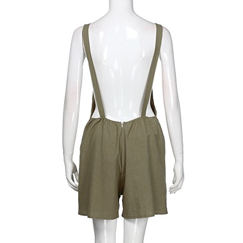 Women's Elastic Waist Jumpsuit Dungarees Linen Cotton Pockets Rompers Playsuit Shorts Pants(Green,M)
