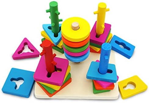 Popculta Wooden Educational Preschool Shape &amp; Color Recognition Stacking Chunk Puzzle Toys 5 columns