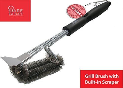 WareExpert Grill Cleaning Brush with Scraper Triple Head Scrubber for Porcelain, Ceramic, Steel, Iron- Stainless Steel Bristles- 18 Inches Long- with Storage Bag