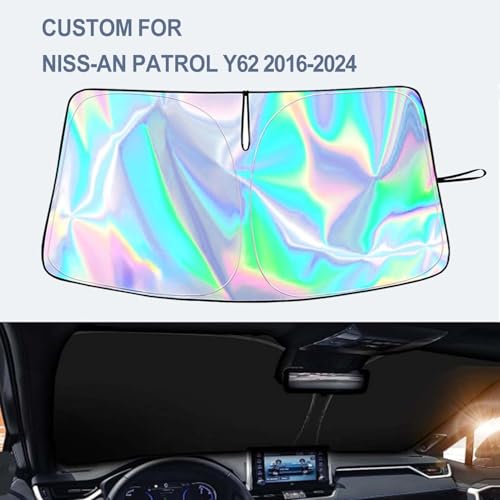 KASUART New 2024 Car Windshield Laser Sunshade For Niss-an Patrol Y62 2016-2024 Upgraded Laser Titanium Silver Colorful Layer Thickened 300d Oxford Cloth Foldable ective Protector Blocks UV Rays