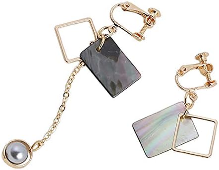 Myun Statement Gold Tone Square Shell Grey Pearl Drop Dangle Clip on Earrings for Women Fashion Jewelry