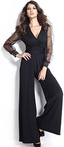 KaleaBoutique Slimming Embellished Cuffs Long Mesh Sleeves Sexy Women Ladies Jumpsuit, Black, US Size XL (US 16-18)