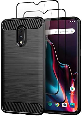 Teayoha Case for OnePlus 7, with Tempered Glass Screen Protector [2 Pack], Carbon Fiber Scratch Resistant, Shock Absorption Soft TPU Drawing Protective Cases Cover - Black