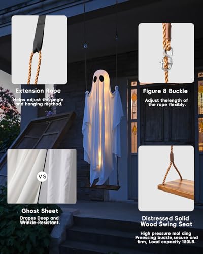 MERKYO Halloween Decorations Outdoor - 5 FT Large Hanging Swing Ghost Halloween Decor with String Lights, Spooky Cute Ghosts Decorations for Front Porch Yard Tree