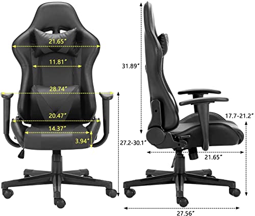 Gaming Chair Home Office Chair 180 Degree Reclining Height Adjustable with Massage Lumbar Support Headrest Armrest PU Leather Ergonomic Design Swiveling Chairs, Black