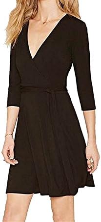Zalezing Nice Women's Chic Slim V Neck 3/4 Sleeve Solid Dress Black L