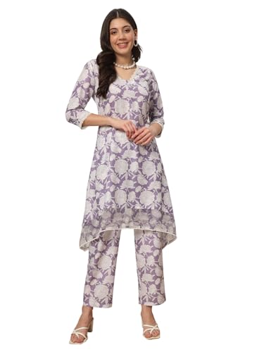 FIORRA Women's Lavender Cotton Blend Printed Tunic with Pant Co-ords Set SET0146 at Amazon