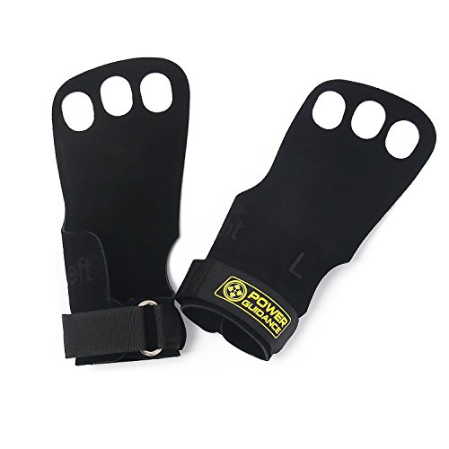 POWER GUIDANCE Gym Leather Hand Grips, Leather Palm Grips - Gymnastics Workout Grips for Weightlifting, Gymnastics and Functional Fitness (Black Grip/Black Strap, Large - 4.75  -5.25  )