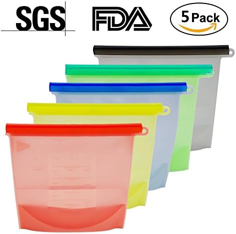 Reusable silicone food bags Silicone food storage bag Preservation Bags Sealable and Leakproof Food Bag For Cooking, Freezing Sous Vide, Vegetables, Fruits, Meat 5 Packs