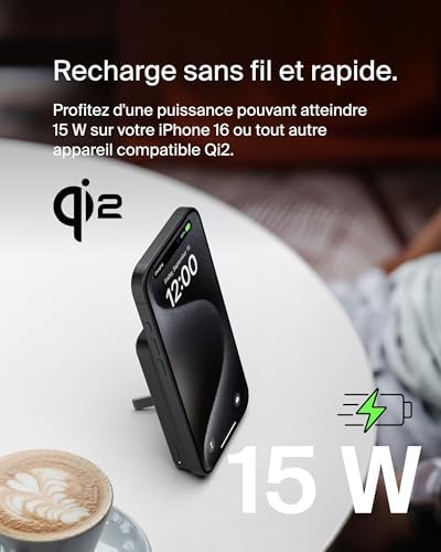 BoostCharge Pro Batterie Externe Magnétique sans Fil 5000mAh avec Qi2, Chargeur Portable Compatible MagSafe, Support intégré, Batterie Portable pour iPhone 16, iPhone 15, 14, 13, etc., Noire