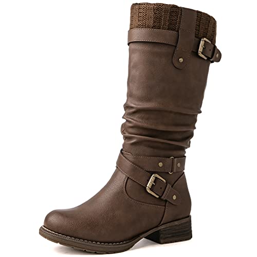Photo 1 of GLOBALWIN Women's Brown Motorcycle Boots Mid Calf Boots Low Heels Fall Winter Fashion Boots For Women 6.5M