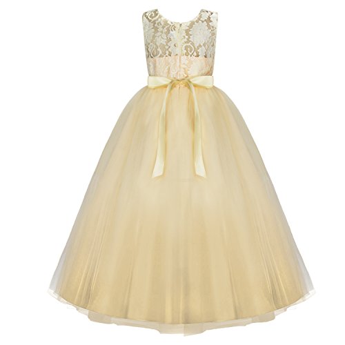 Acecharming Girls Lace Bridesmaid Wedding Dress with Bowknot Princess Prom Party Tulle Gown for 11-12 Year (Champagne)