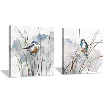 Abstract Picture Bird Wall Art: Animal Birds on Reed Watercolor Artwork Painting on Canvas for Bedroom (12