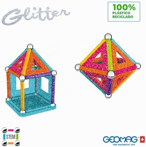 , Glitter Recycled, Construcciones Magnéticas Efecto Glitter, Barras Magnéticas Luminosas de Colores, Paquete de 35 Piezas, Plástico 100% Reciclado