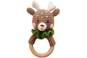 Chippi & Co Crochet Baby Rattle, Crochet Baby Toys, Stuffed Baby Doll, Organic Wooden Newborn Toys, Knitted Stuffed Animals for Babies Boy, Girl, Christmas Gifts for New Parents (Baby Reindeer)