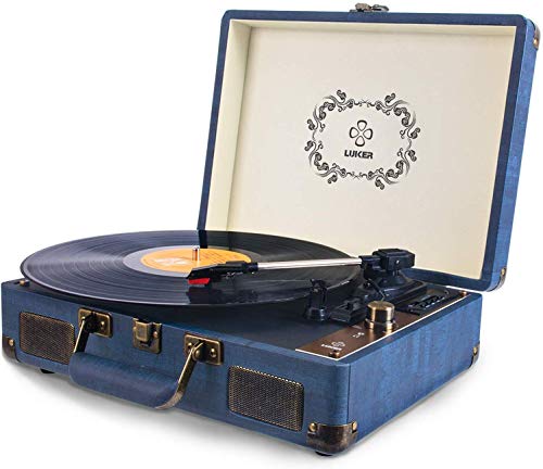 Record Player, LUKER Portable Suitcase Bluetooth Turntable for Vinyl Record, Belt-Drive 3-Speed Stereo Turntable with Speakers, Support Power Bank Supply, RCA Audio Output, AUX/USB/SD Input