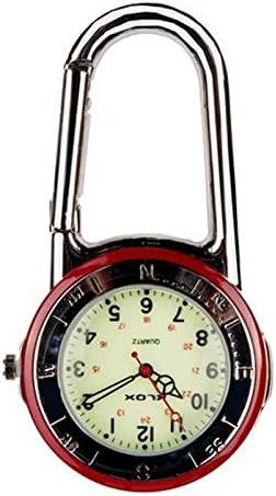 Shiny Silver Clip On Carabiner Red & Silver Bezel Luminous Face FOB Watch