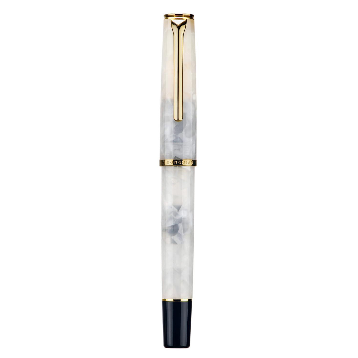 HONG DIAN N12 Piston Extra Fine Fountain Pen - Soft Nib - Acrylic White Marble and Classic Streamlined Design with Metal Case